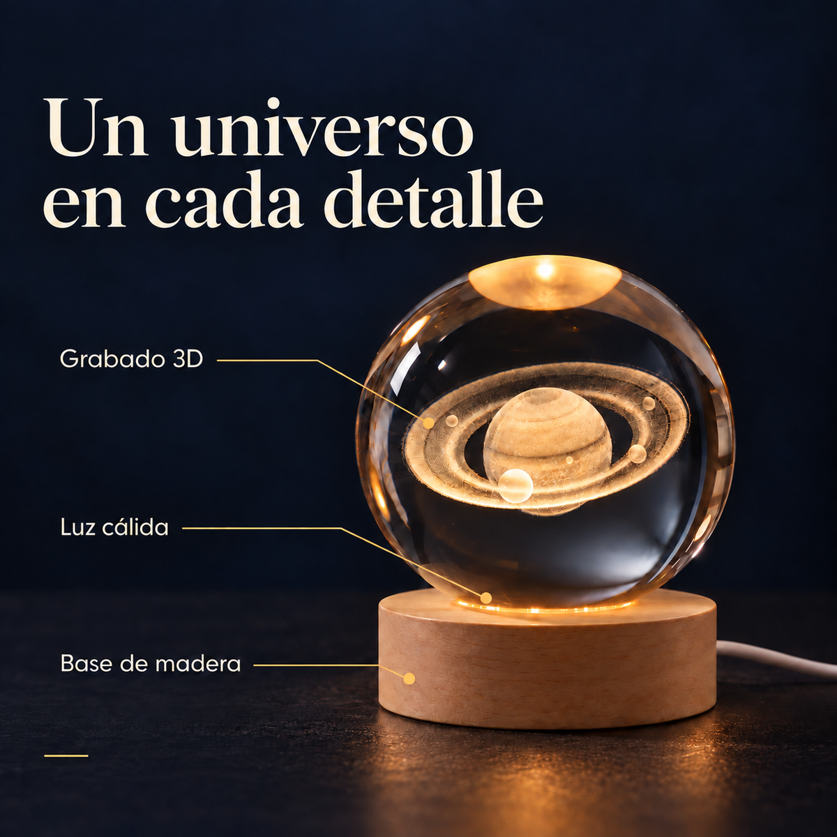 Detalles de AstroLume: grabado 3D, luz cálida y base de acabado madera.