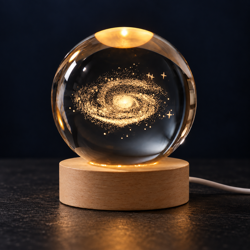 AstroLume Vía Láctea: esfera de cristal 3D iluminada sobre base de acabado madera.