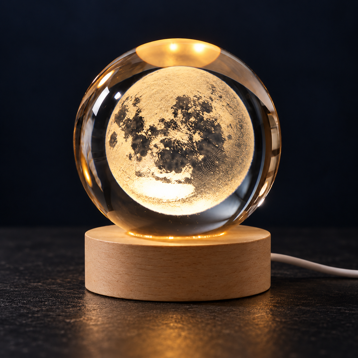 Esfera Luna con base LED de madera. Base incluida solo en packs de 2 y 3.