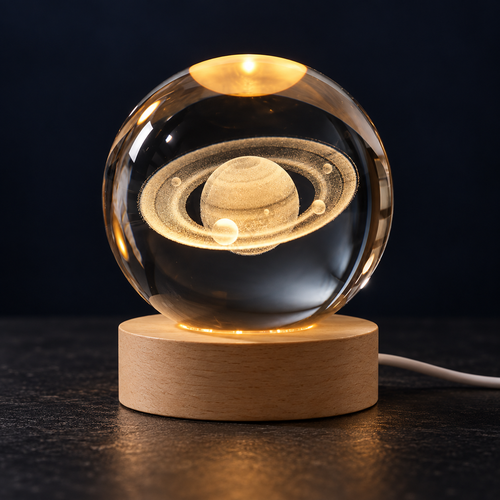 Esfera Saturno con base LED de madera. Base incluida solo en packs de 2 y 3.