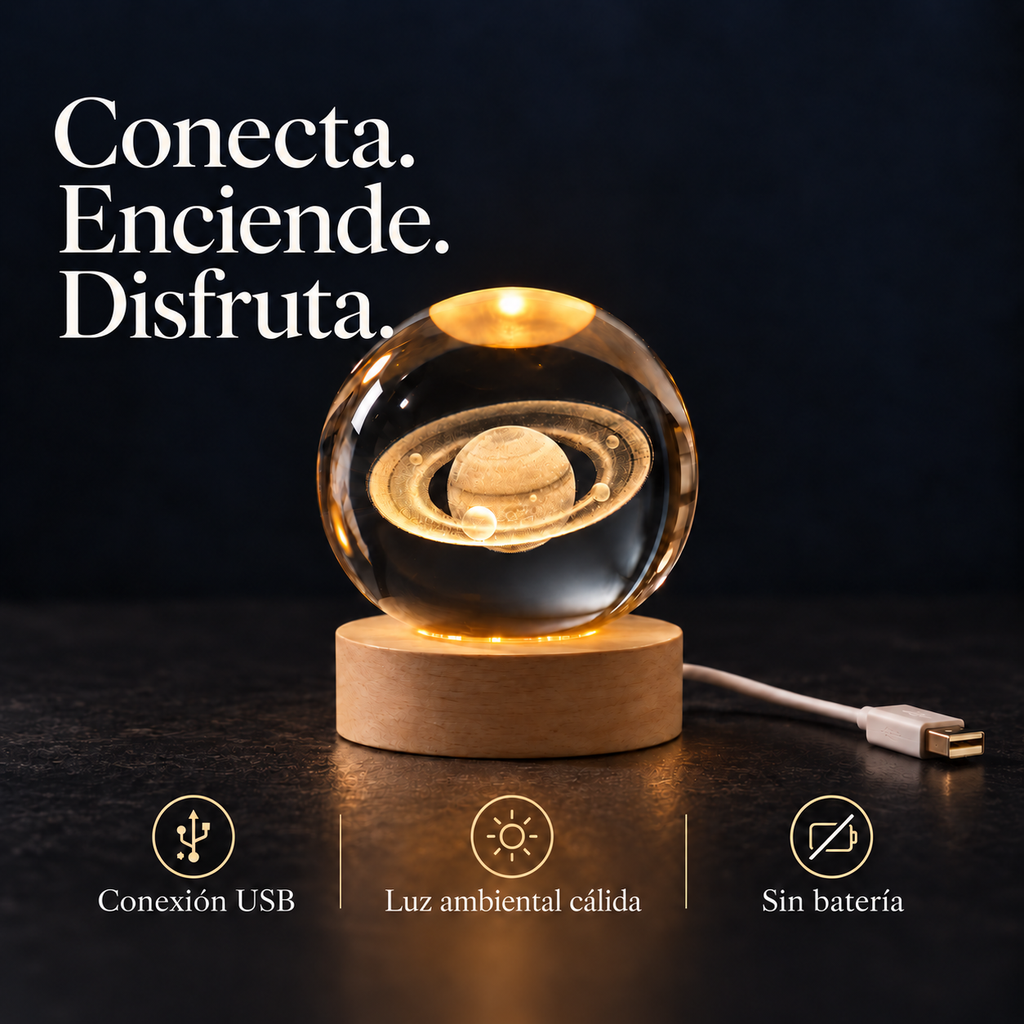 Conecta, enciende y disfruta: conexión USB, luz ambiental cálida y sin batería.