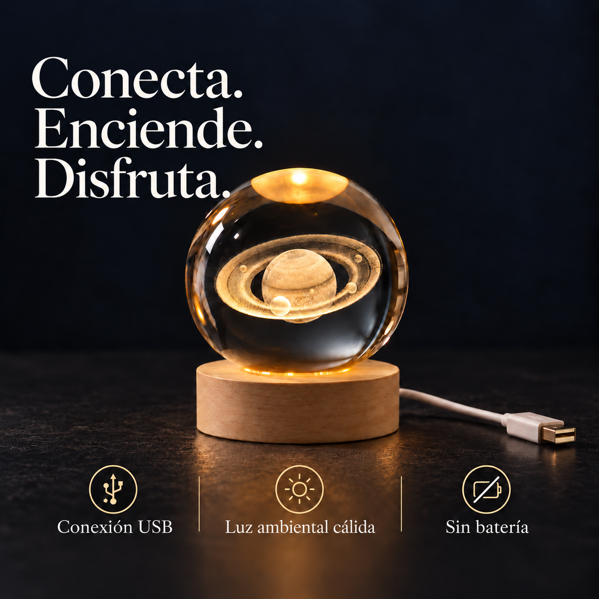 Conecta, enciende y disfruta: conexión USB, luz ambiental cálida y sin batería.